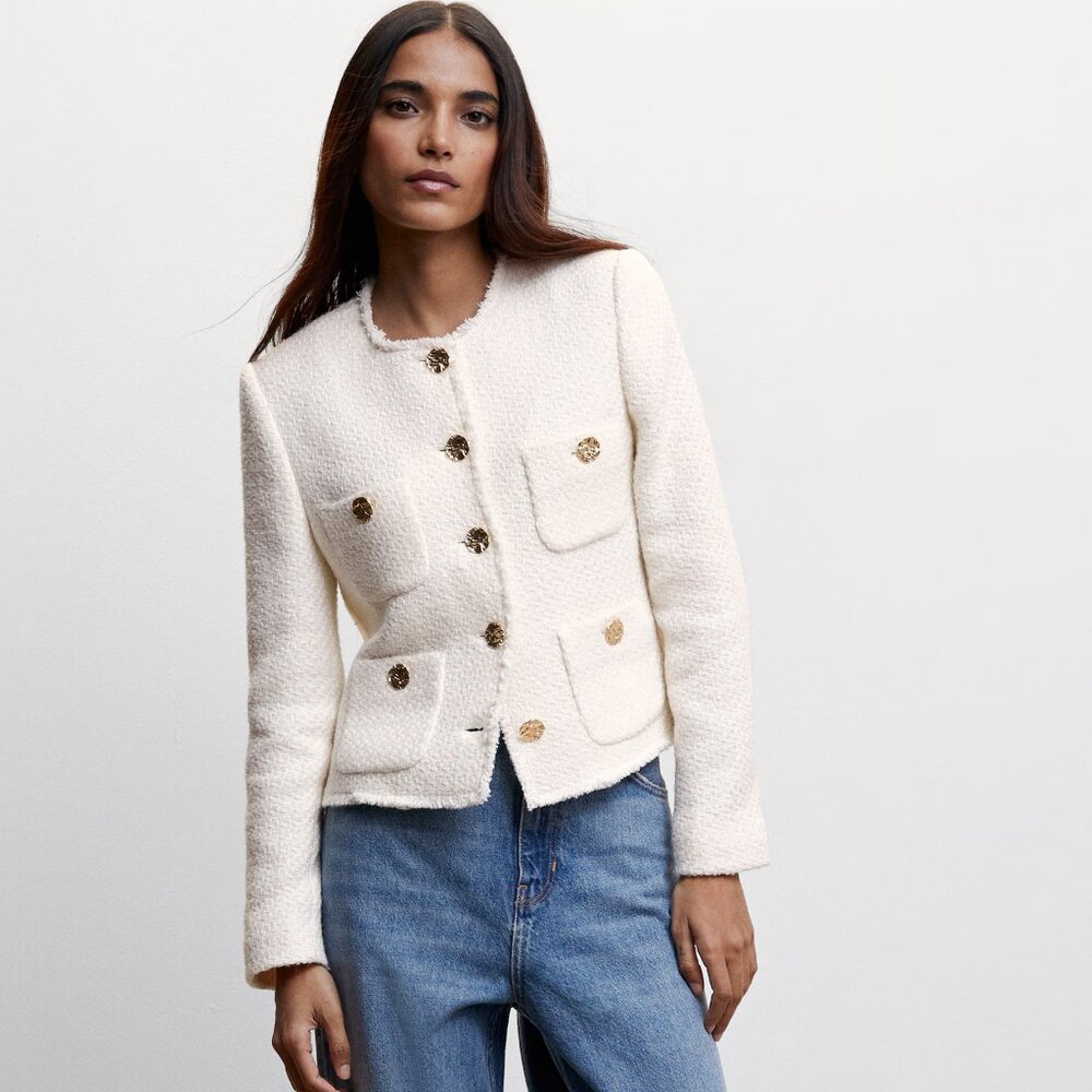 NEW Mango MNG Tweed jacket with pockets, Ivory, Size S